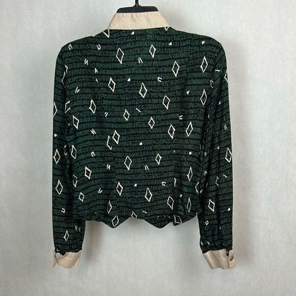 Vtg Banjo Button Down Shirt Sz Medium 90s Long Sleeve Green Black Cream Print - Picture 6 of 10